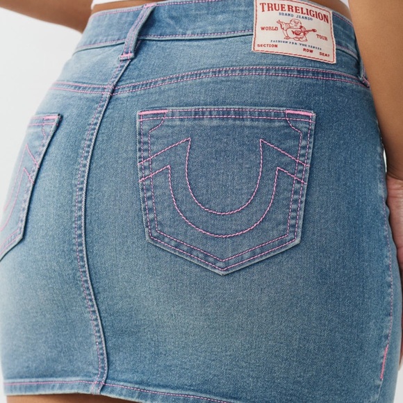 True Religion Dresses & Skirts - True Religion Blue Denim Mini Skirt with Pink Stitching